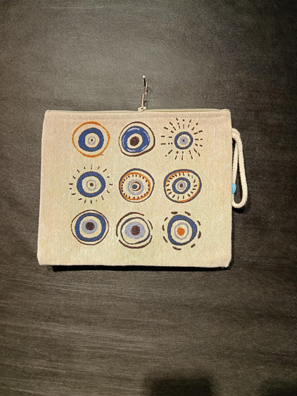 Evil Eye Tapestry Clutch: Handmade Turkish Gobelin Pouch with Rope Handle