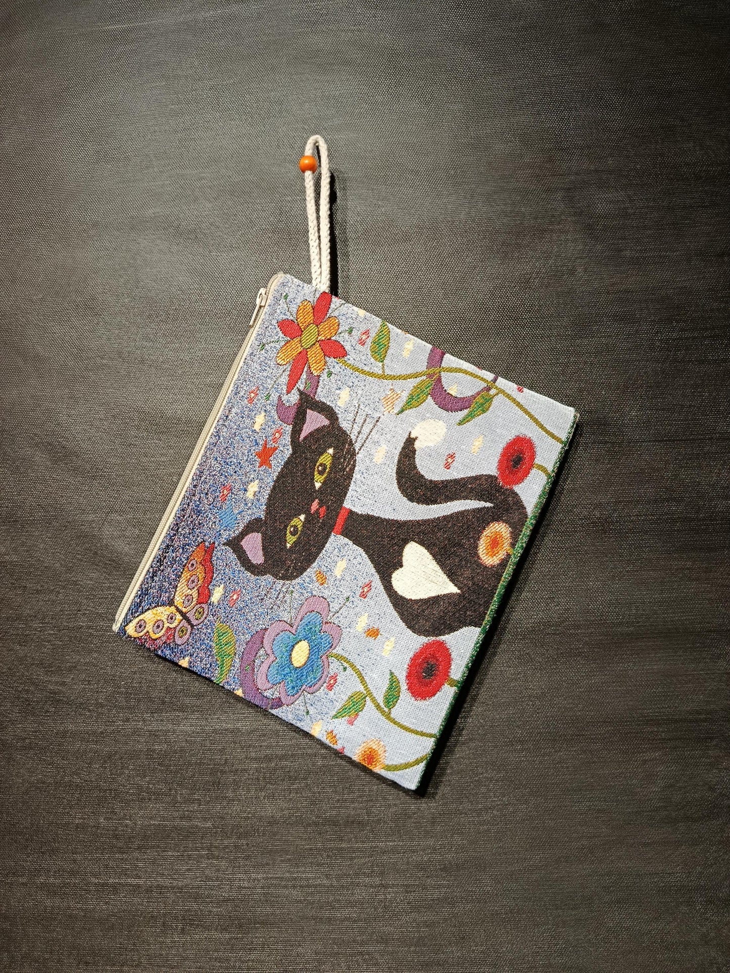 Black Cat Tapestry Clutch: Whimsical Floral Pouch Bag, Handmade in Türkiye