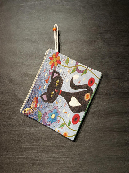 Black Cat Tapestry Clutch: Whimsical Floral Pouch Bag, Handmade in Türkiye