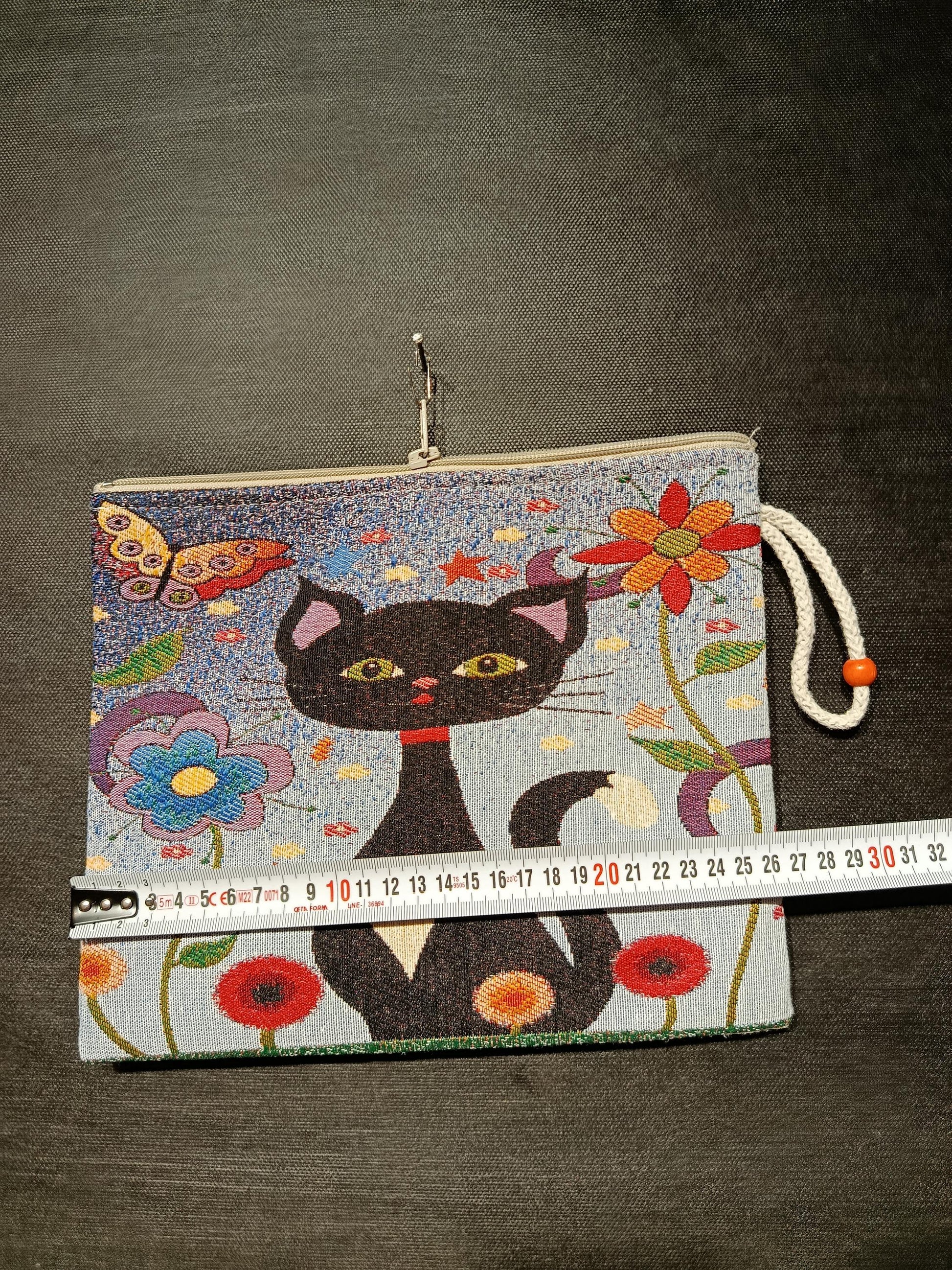 Black Cat Tapestry Clutch: Whimsical Floral Pouch Bag, Handmade in Türkiye