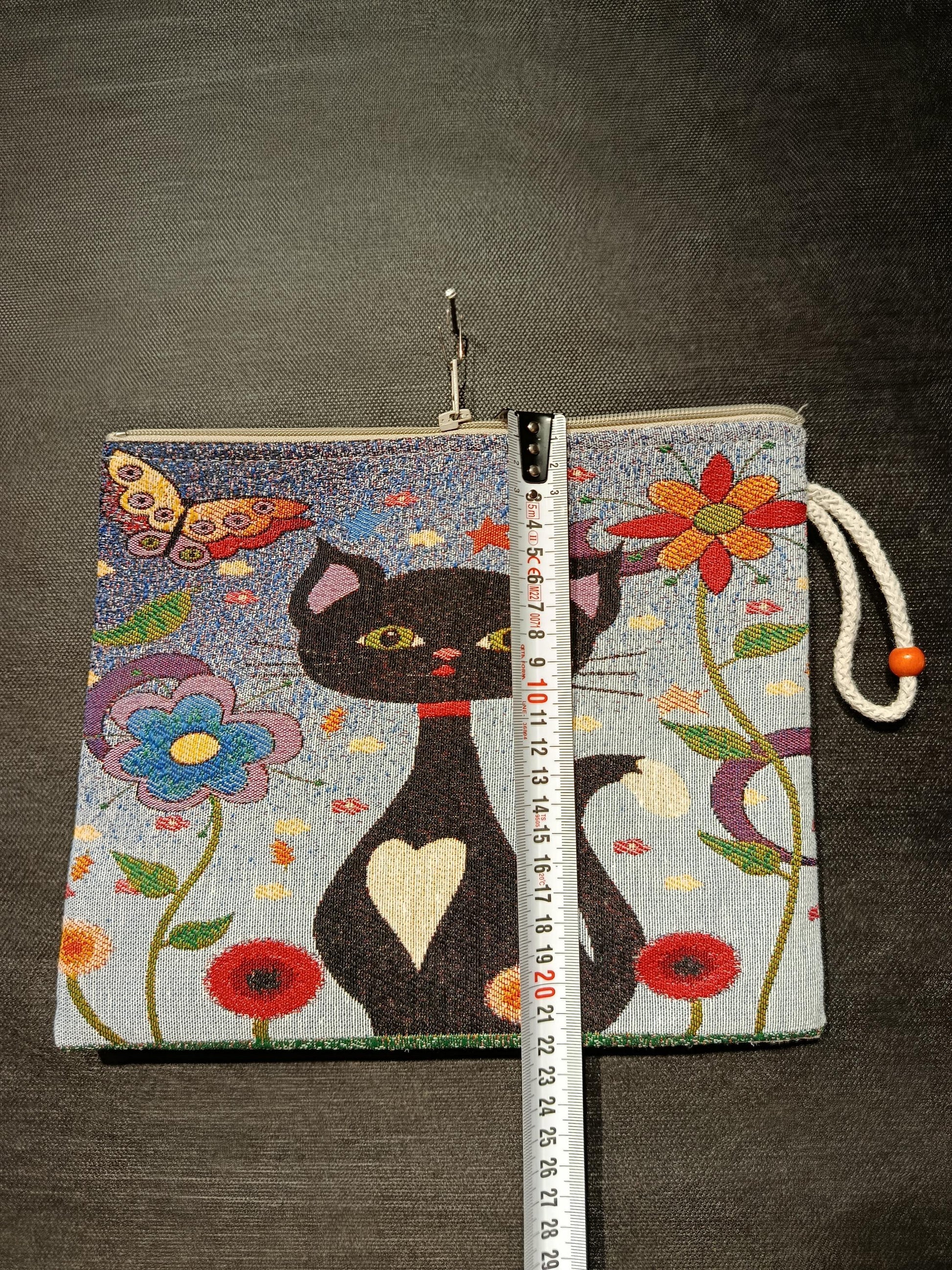 Black Cat Tapestry Clutch: Whimsical Floral Pouch Bag, Handmade in Türkiye