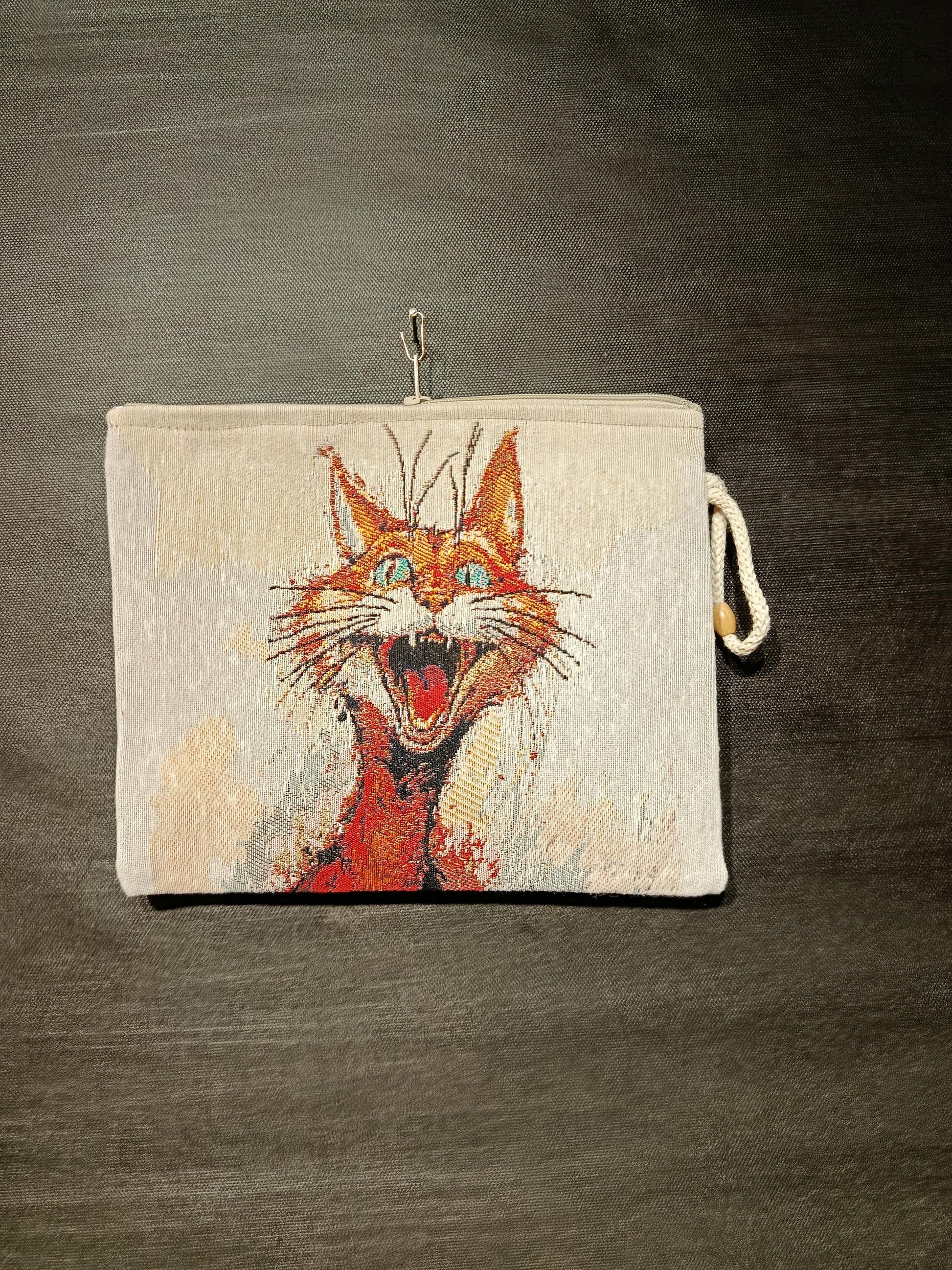 Surprised Cat Tapestry Clutch: Whimsical Orange Cat Design, Handmade in Türkiye