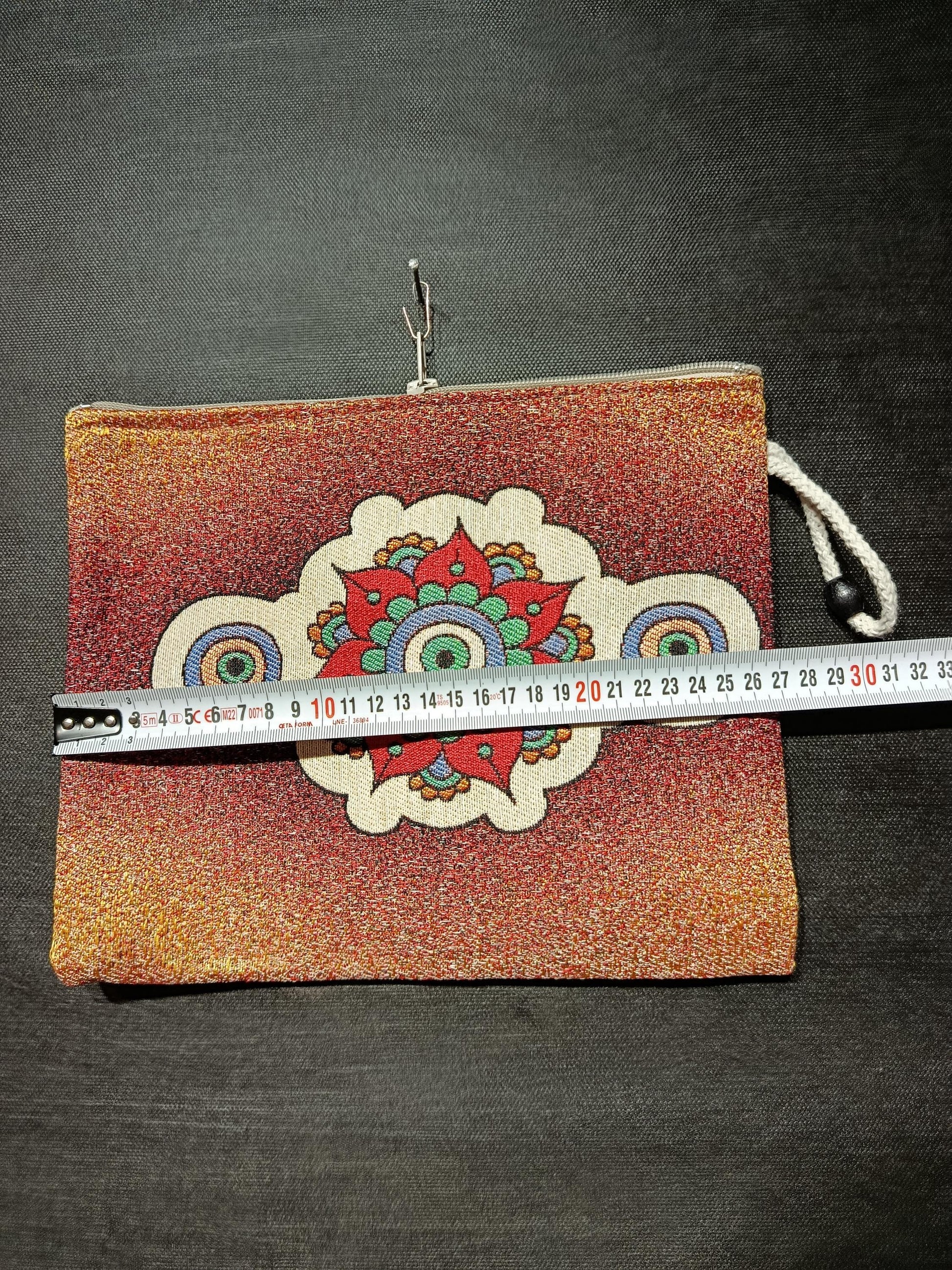 Mandala Evil Eye Tapestry Clutch: Red Glitter Gobelin Pouch, Handmade in Türkiye