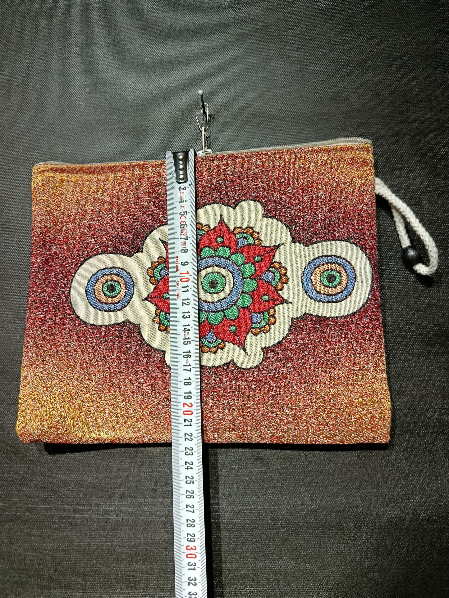 Mandala Evil Eye Tapestry Clutch: Red Glitter Gobelin Pouch, Handmade in Türkiye
