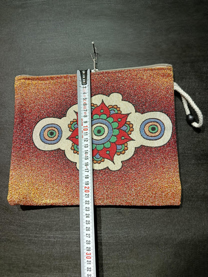 Mandala Evil Eye Tapestry Clutch: Red Glitter Gobelin Pouch, Handmade in Türkiye