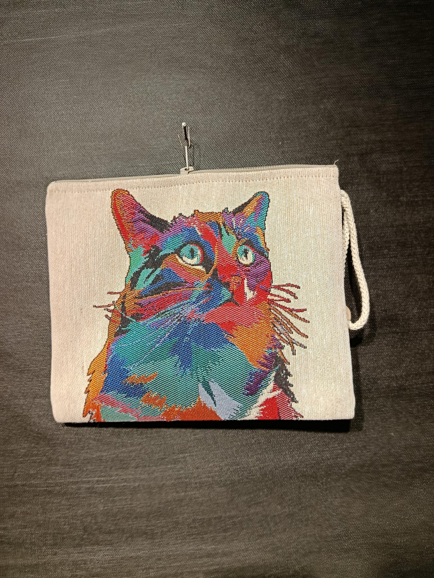 Pop Art Cat Tapestry Clutch: Handmade Gobelin Pouch with Wood Bead