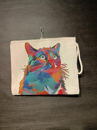 Pop Art Cat Tapestry Clutch: Handmade Gobelin Pouch with Wood Bead