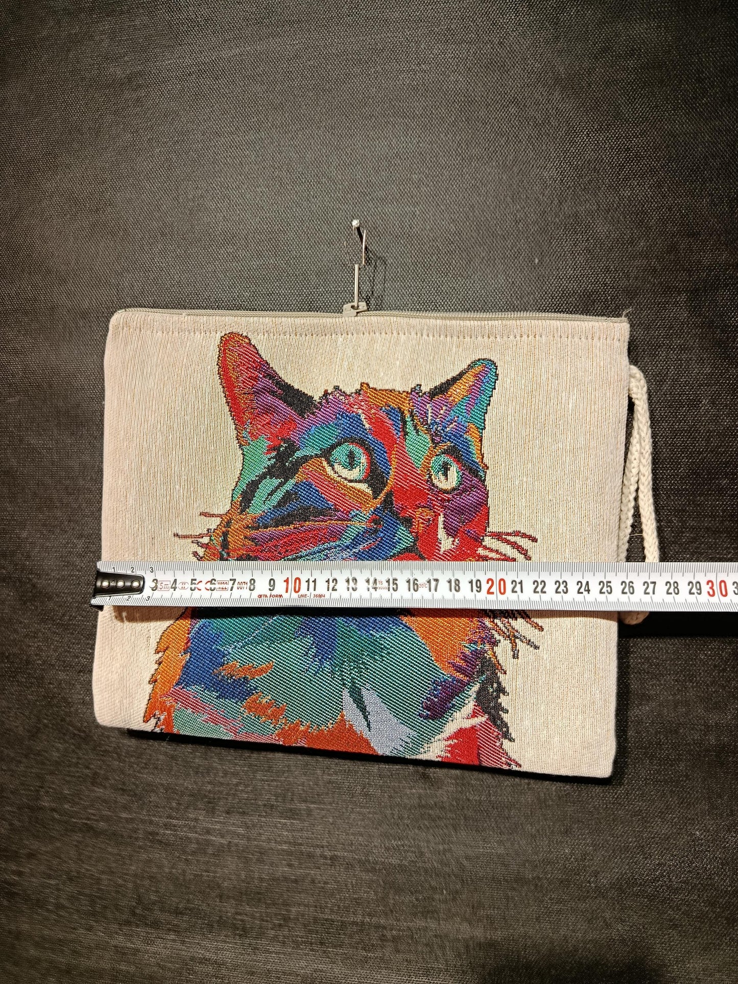 Pop Art Cat Tapestry Clutch: Handmade Gobelin Pouch with Wood Bead