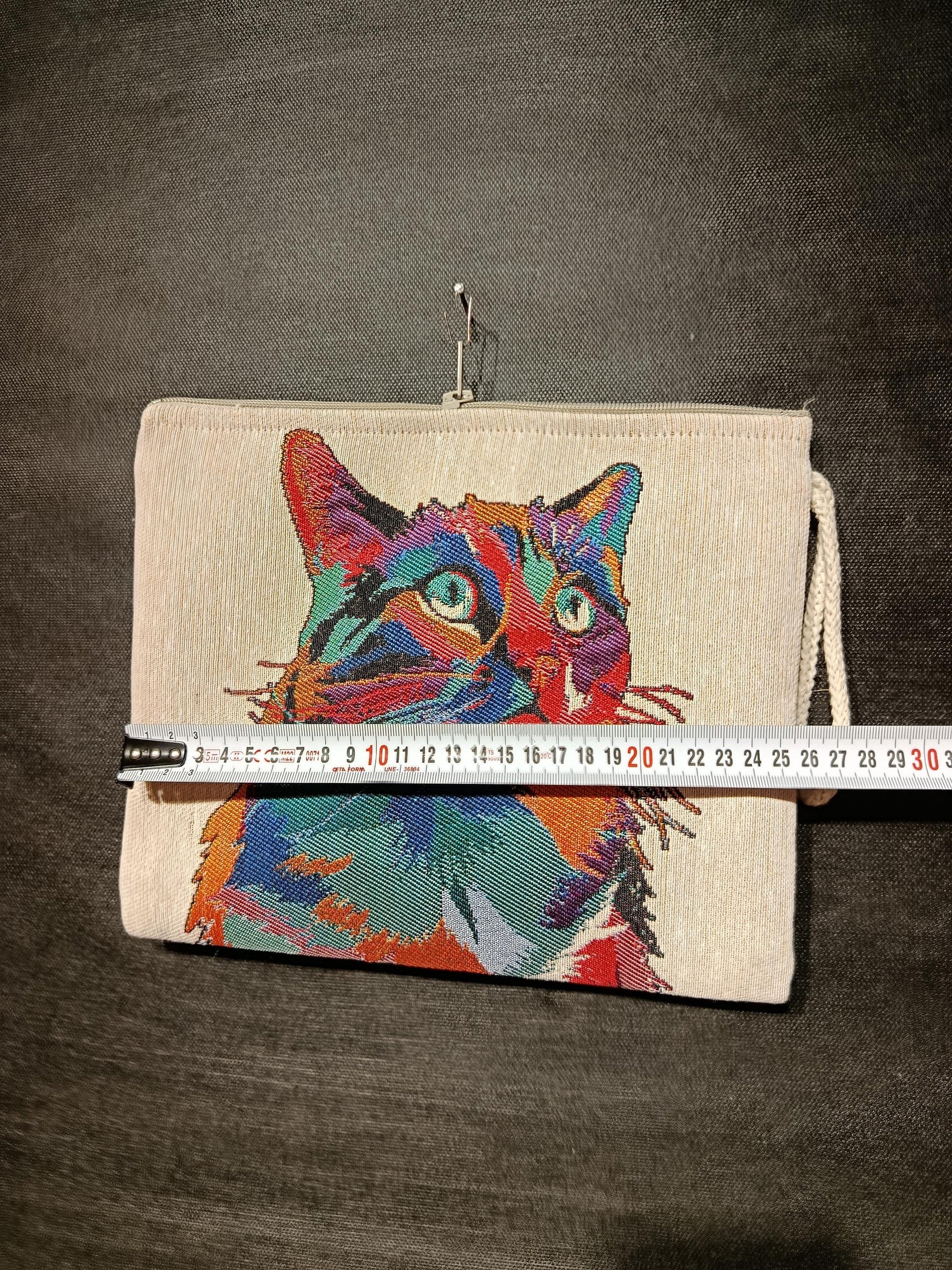 Pop Art Cat Tapestry Clutch: Handmade Gobelin Pouch with Wood Bead