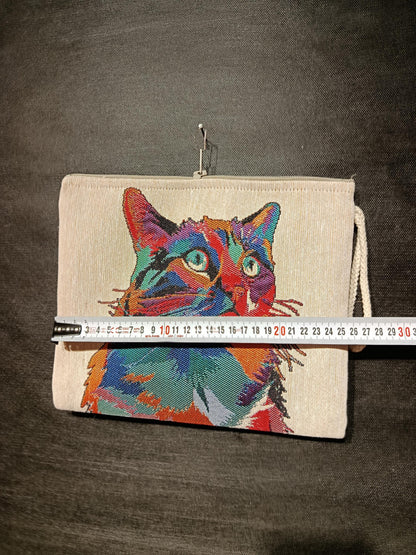 Pop Art Cat Tapestry Clutch: Handmade Gobelin Pouch with Wood Bead
