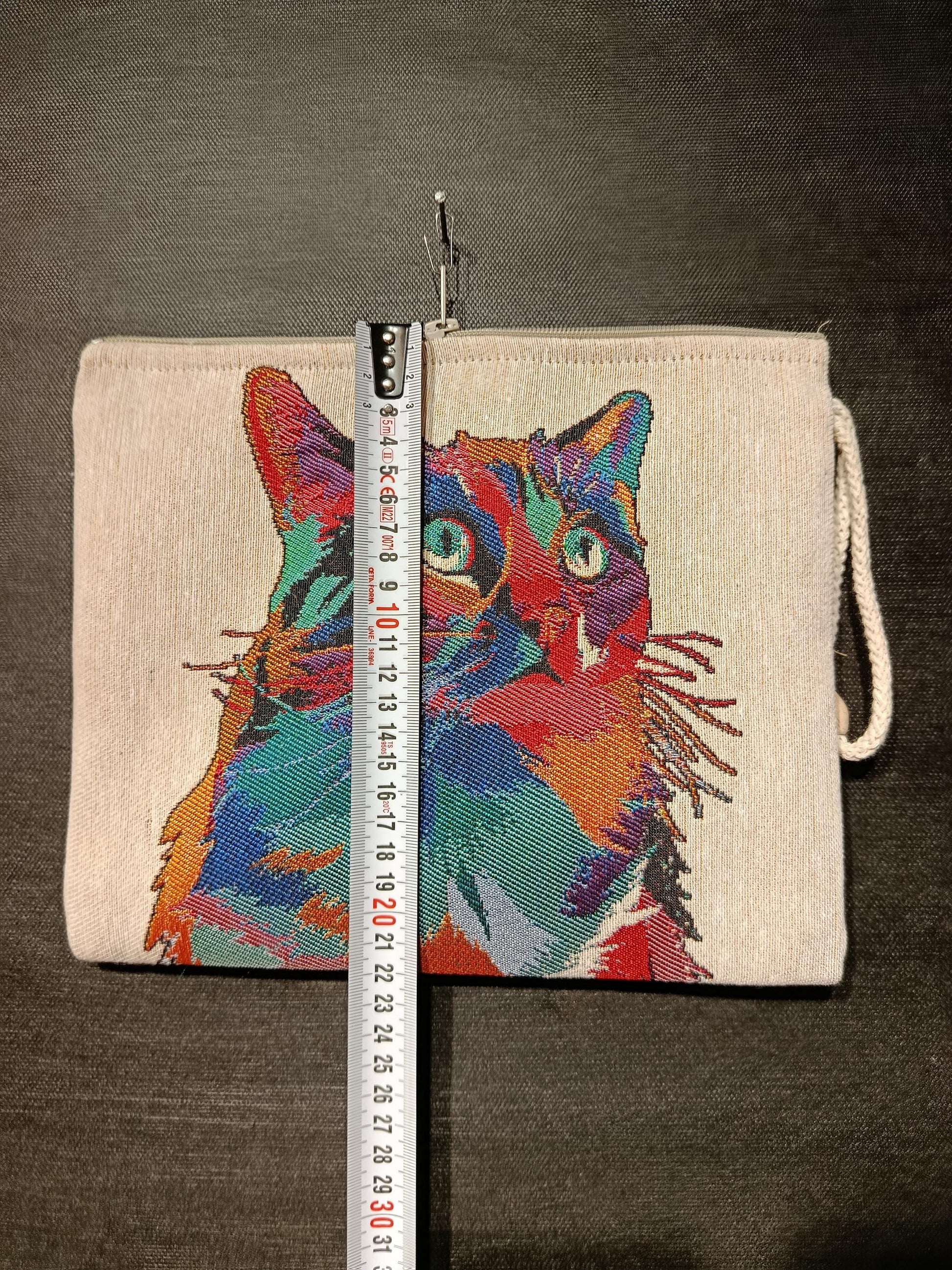 Pop Art Cat Tapestry Clutch: Handmade Gobelin Pouch with Wood Bead