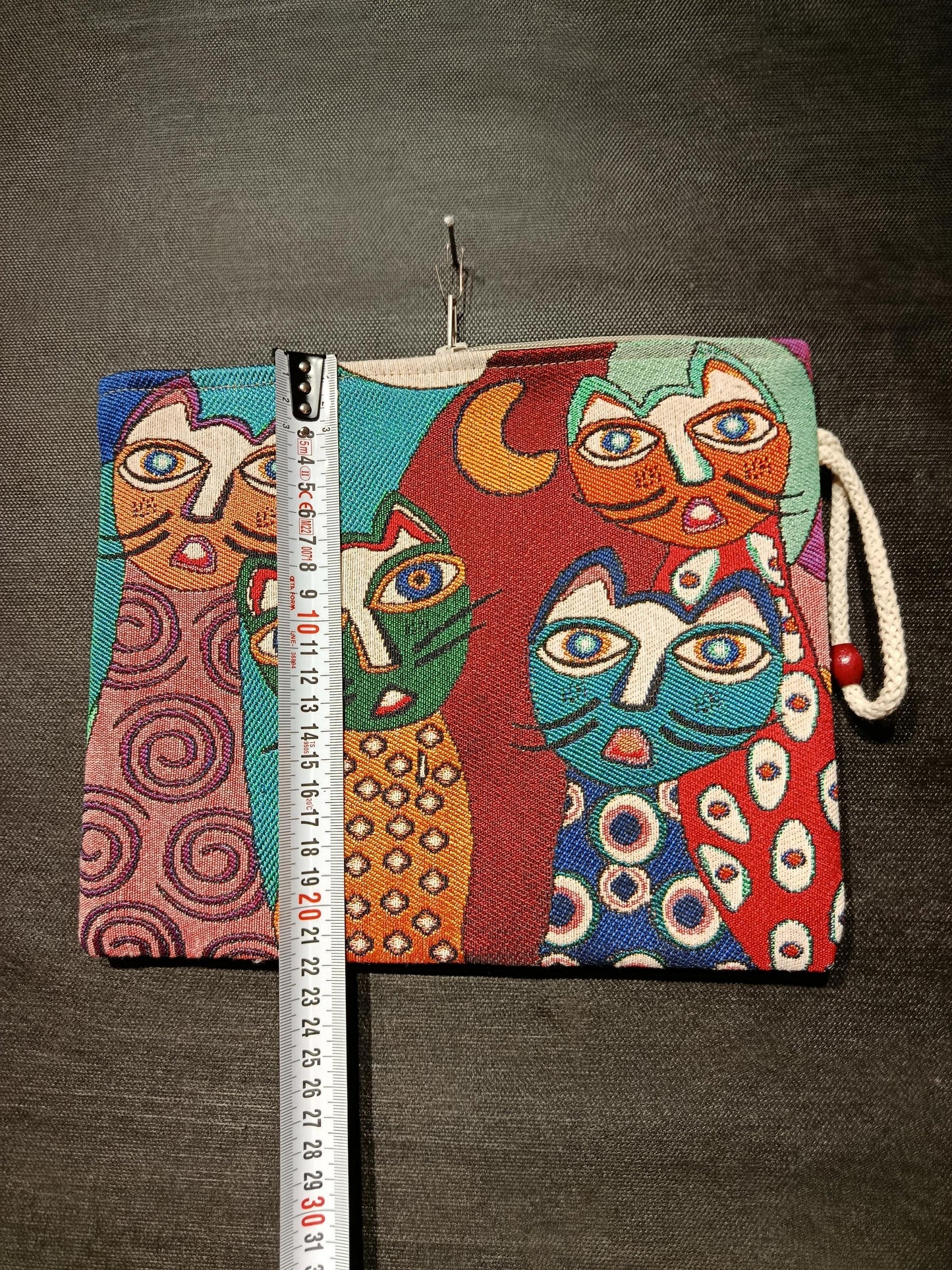 Cat Faces Tapestry Clutch: Colorful Abstract Cats, Handmade Zip Pouch