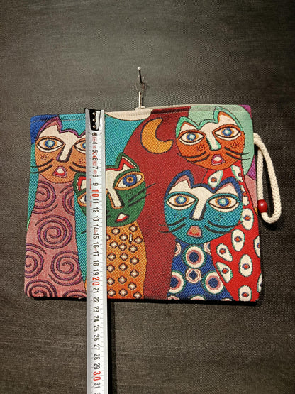 Cat Faces Tapestry Clutch: Colorful Abstract Cats, Handmade Zip Pouch