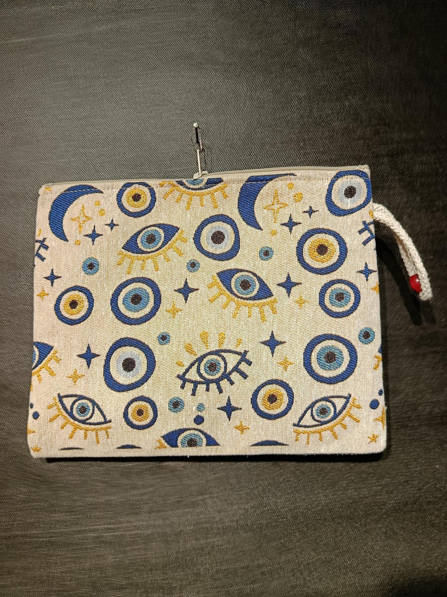 Celestial Evil Eye Clutch: Turkish Tapestry Pouch with Moon & Star