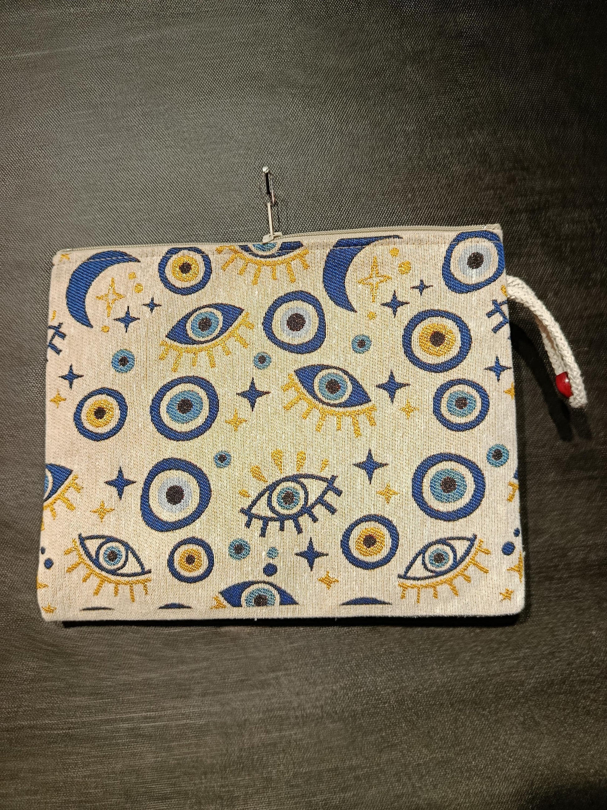 Celestial Evil Eye Clutch: Turkish Tapestry Pouch with Moon & Star
