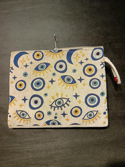 Celestial Evil Eye Clutch: Turkish Tapestry Pouch with Moon & Star