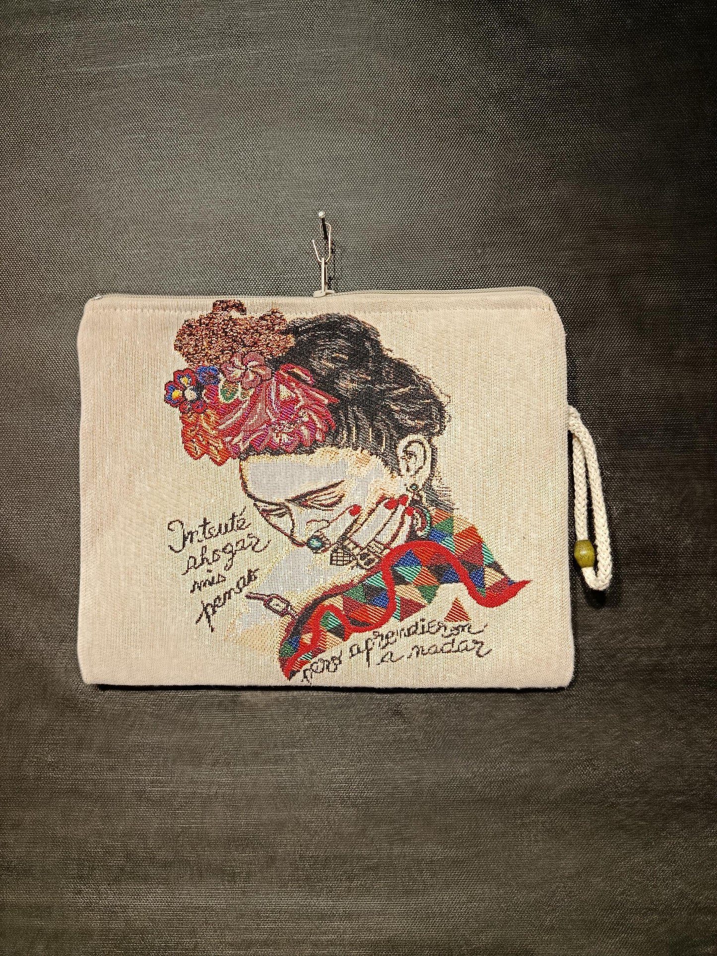 Frida Kahlo Tapestry Clutch: Floral Crown Art Pouch, Handmade in Türkiye