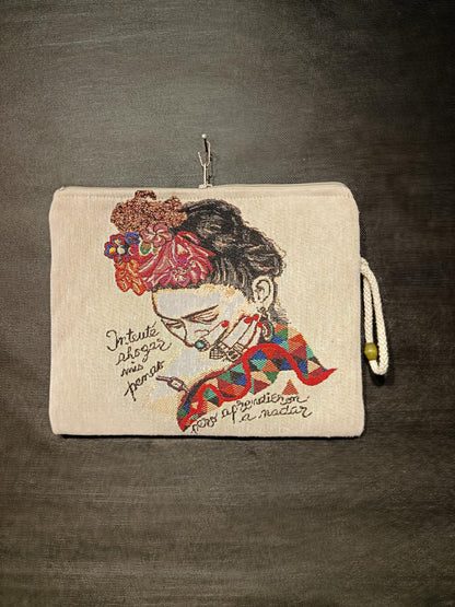 Frida Kahlo Tapestry Clutch: Floral Crown Art Pouch, Handmade in Türkiye