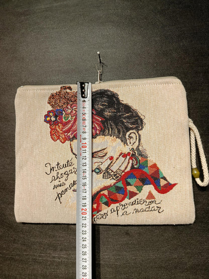 Frida Kahlo Tapestry Clutch: Floral Crown Art Pouch, Handmade in Türkiye