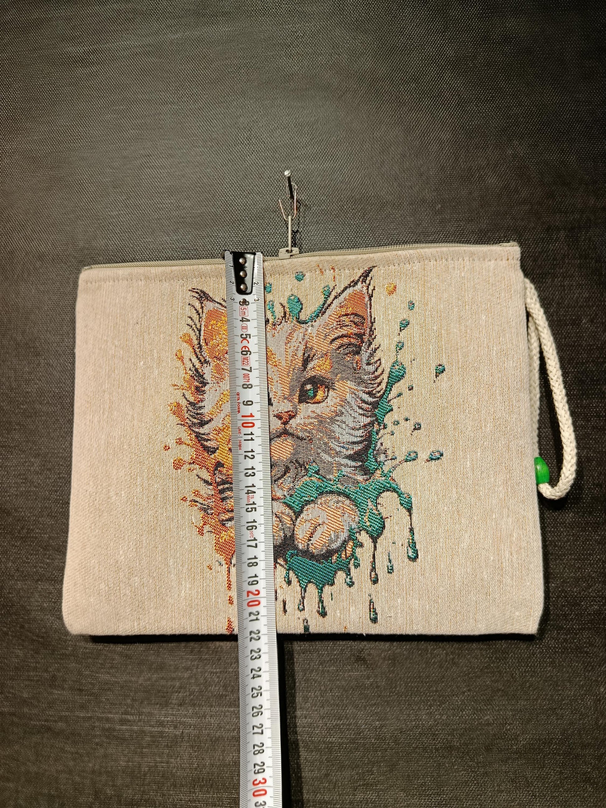 Watercolor Kitten Tapestry Clutch: Handmade Zip Pouch with Beaded Handle