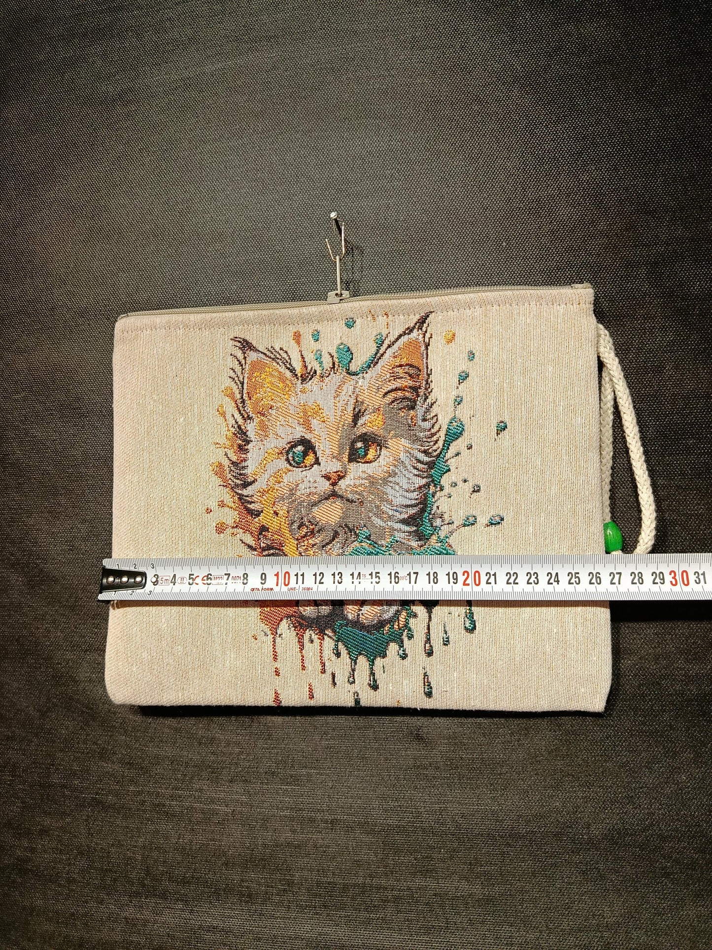 Watercolor Kitten Tapestry Clutch: Handmade Zip Pouch with Beaded Handle