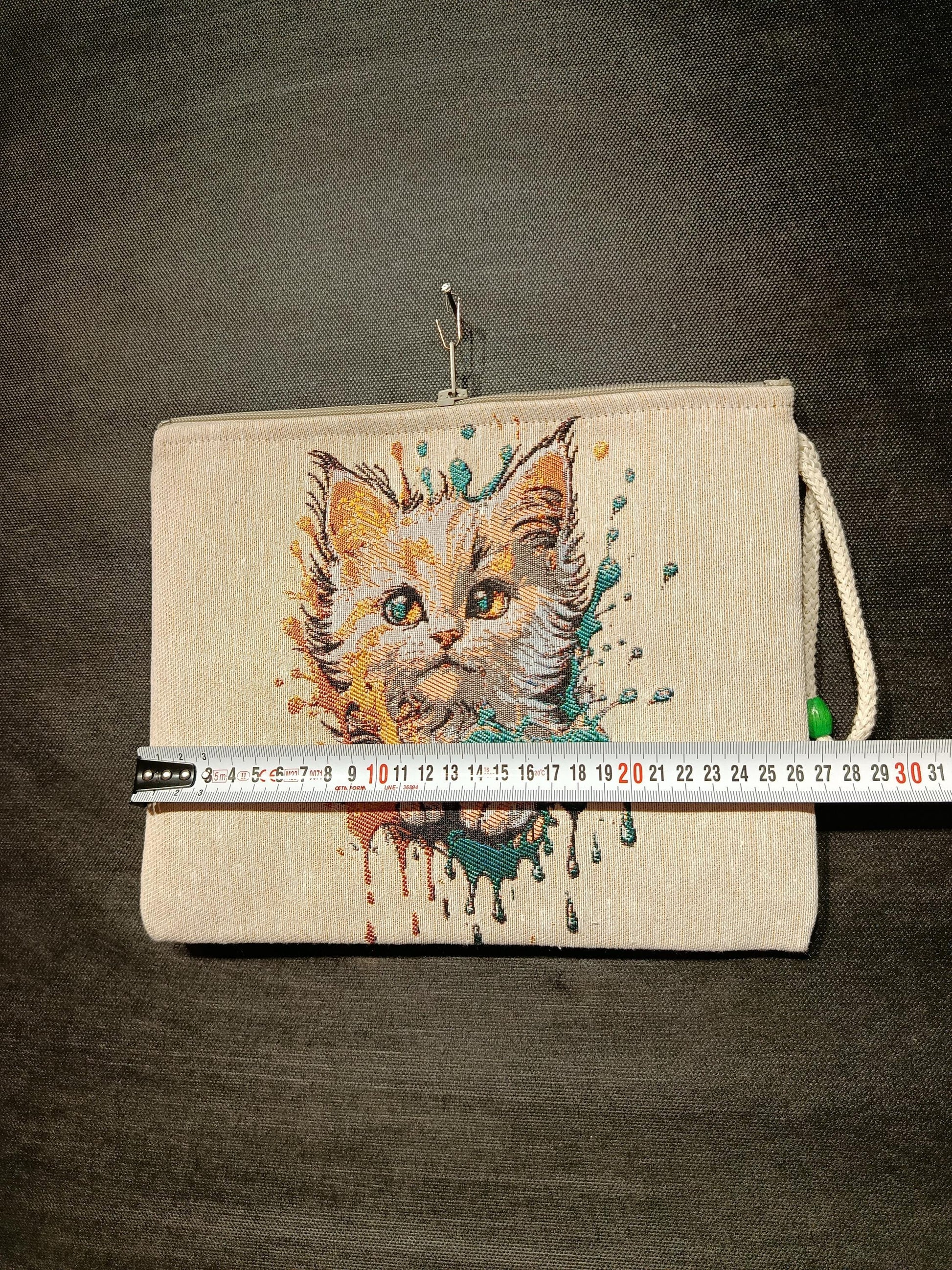 Watercolor Kitten Tapestry Clutch: Handmade Zip Pouch with Beaded Handle