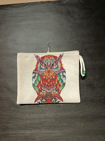 Owl Tapestry Clutch Bag: Boho Zippered Pouch with Wrist Strap