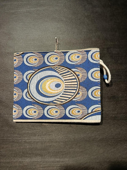 Evil Eye Clutch Bag: Blue Gobelin Fabric Turkish Tapestry Wristlet