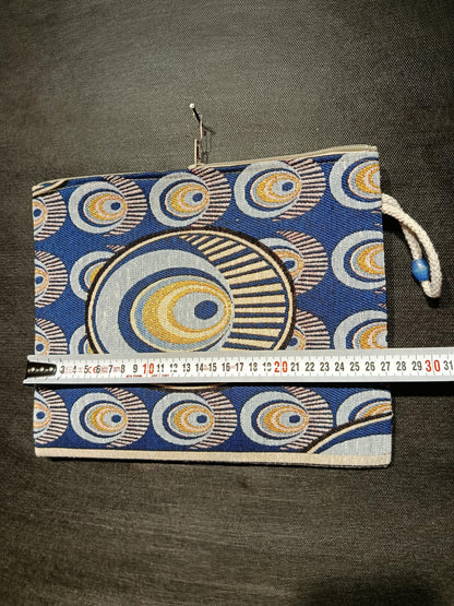 Evil Eye Clutch Bag: Blue Gobelin Fabric Turkish Tapestry Wristlet