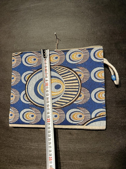 Evil Eye Clutch Bag: Blue Gobelin Fabric Turkish Tapestry Wristlet