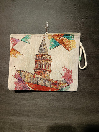 Galata Tower Tapestry Clutch: Istanbul Souvenir Zip Pouch