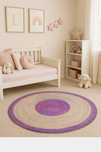 Bohemian Jute Rug: Colorful Circle Rug, Indoor Outdoor Carpet
