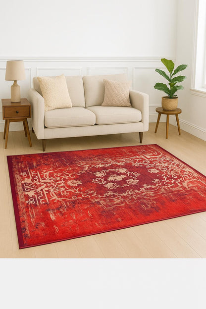 Red Distressed Medallion Rug, Bohemian Persian Style Living Room Carpet, Washable Floor Decor