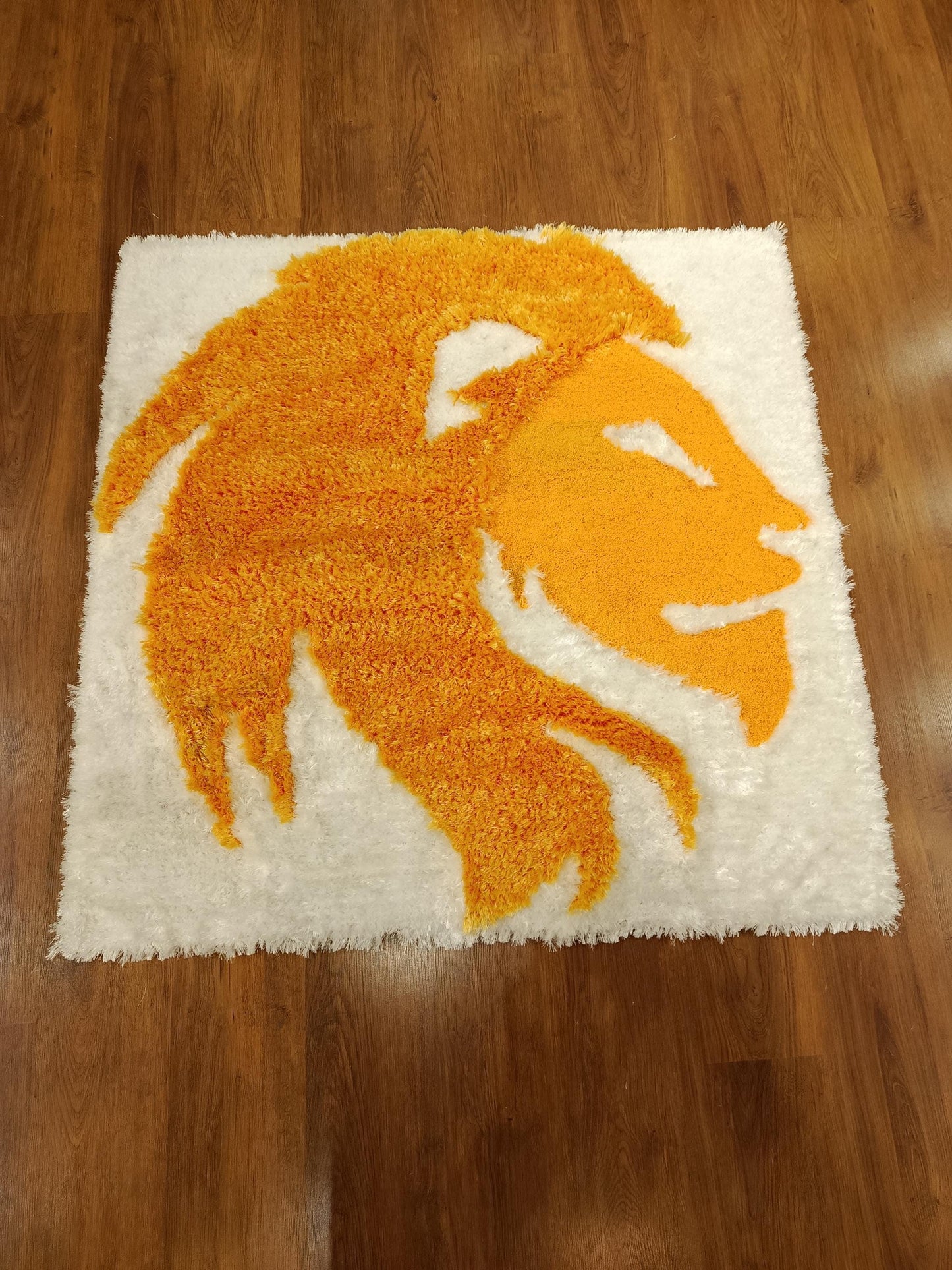 Handmade Tufted Lion Rug: Orange & White Leo Zodiac Carpet