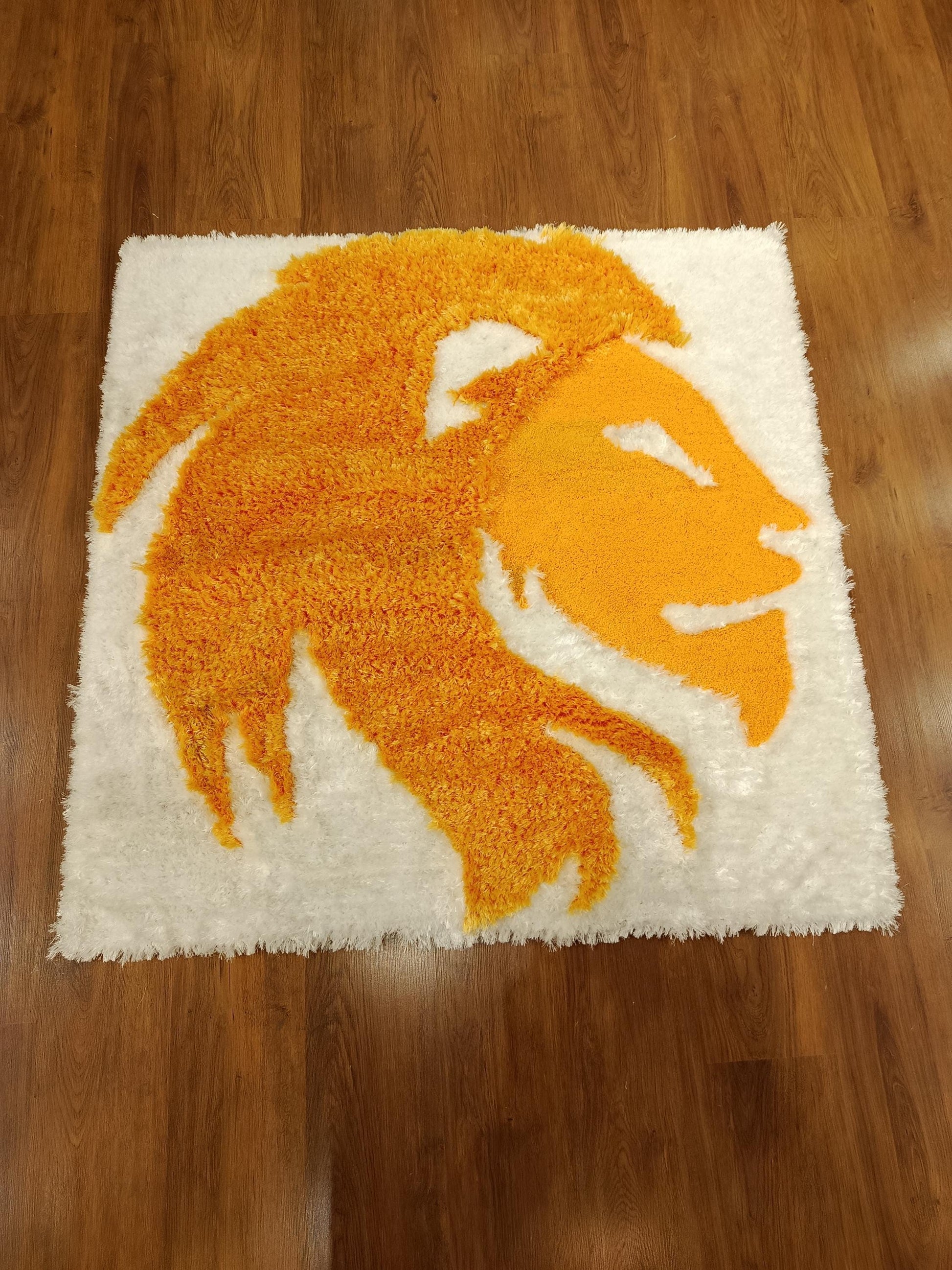 Handmade Tufted Lion Rug: Orange & White Leo Zodiac Carpet