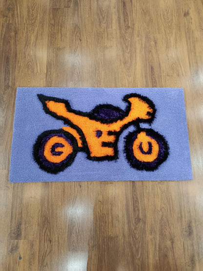 Handtufted Motorcycle Rug: Purple Kids Playroom Carpet with Orange Accents