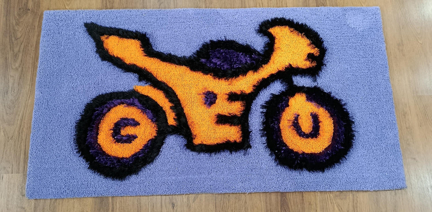 Handtufted Motorcycle Rug: Purple Kids Playroom Carpet with Orange Accents