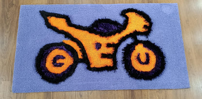 Handtufted Motorcycle Rug: Purple Kids Playroom Carpet with Orange Accents