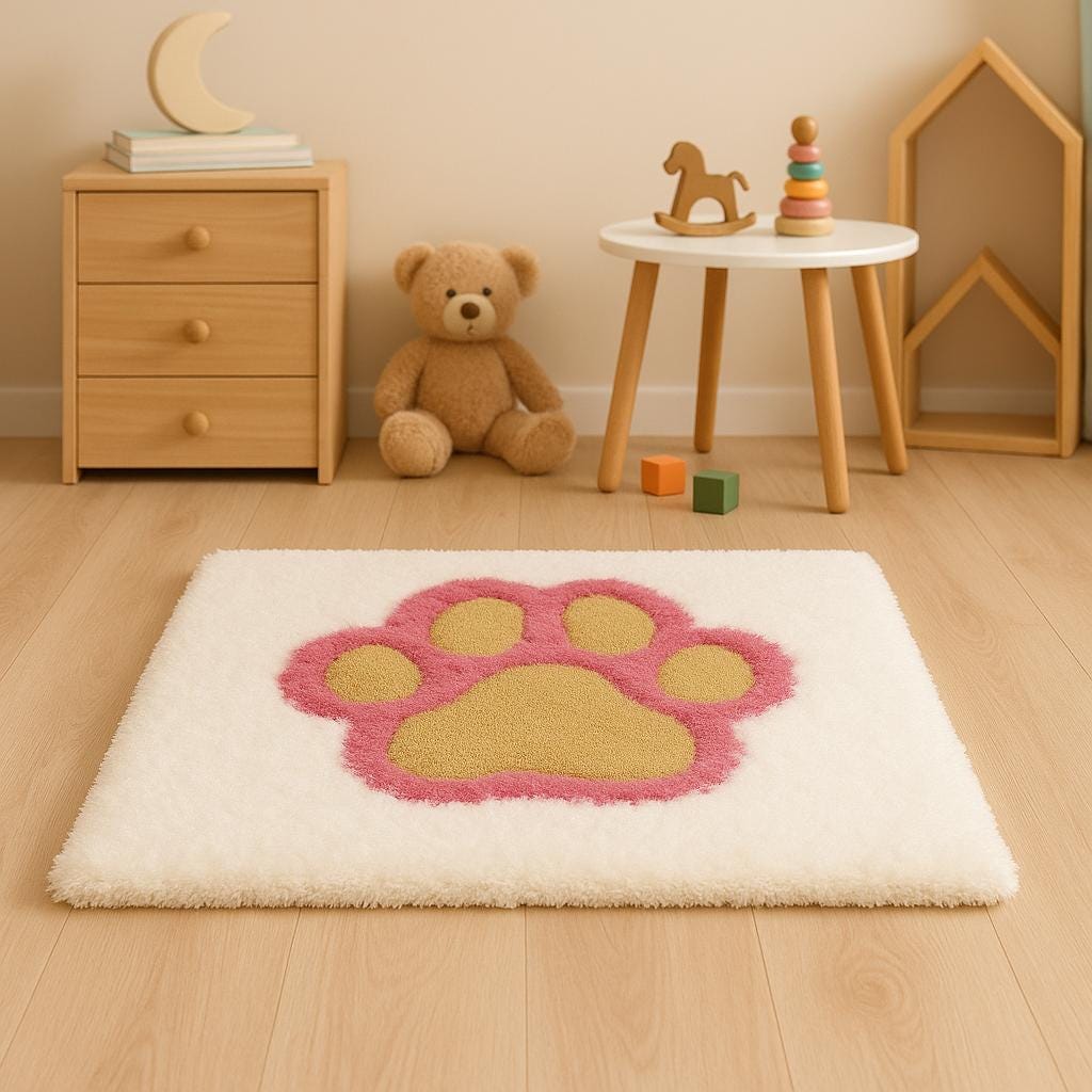 Handmade Tufted Paw Print Rug: Pink & White Fluffy Pet Mat