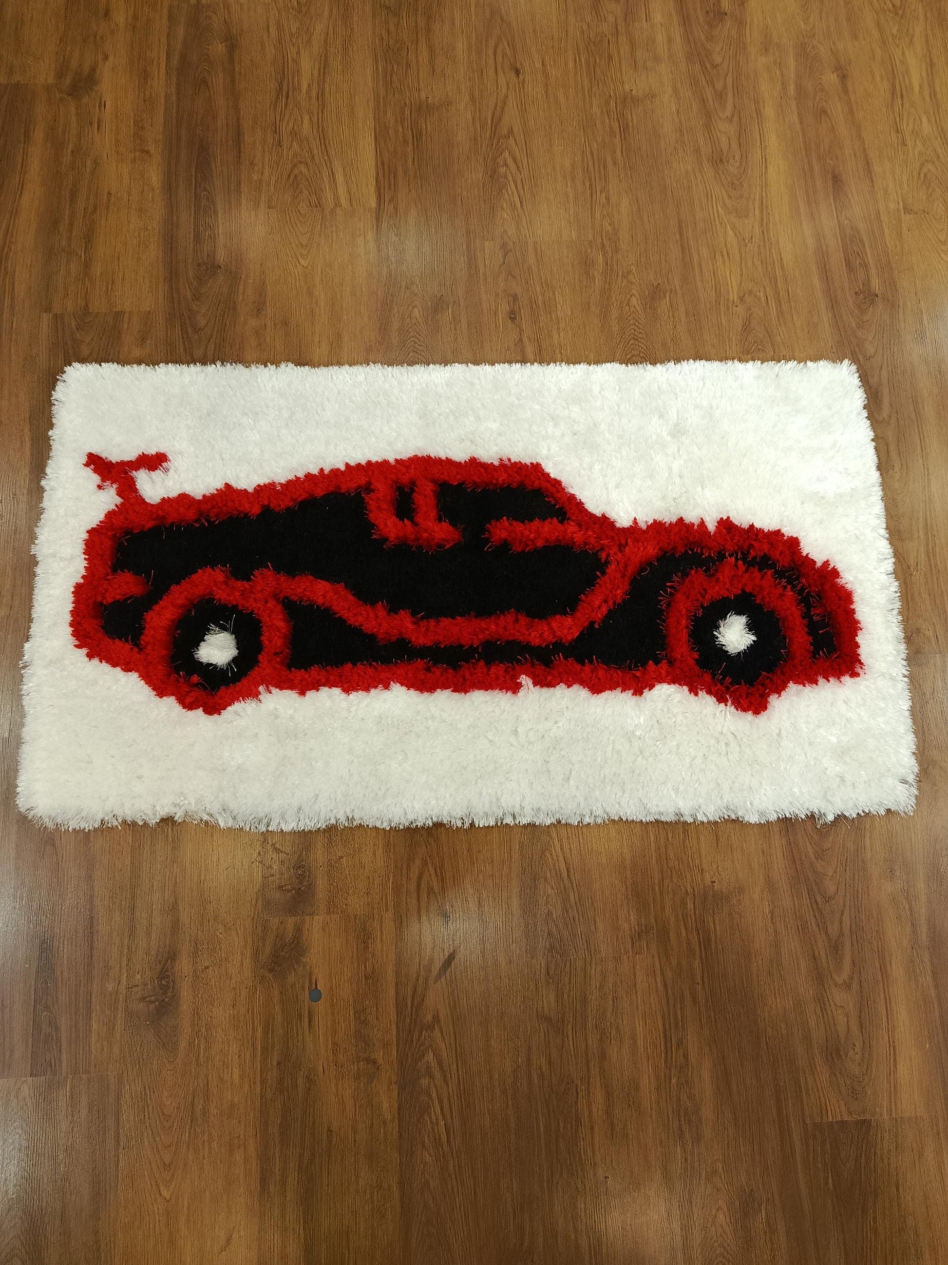 Tufted Sports Car Rug: Red & Black Race Car Design - 30"x51"