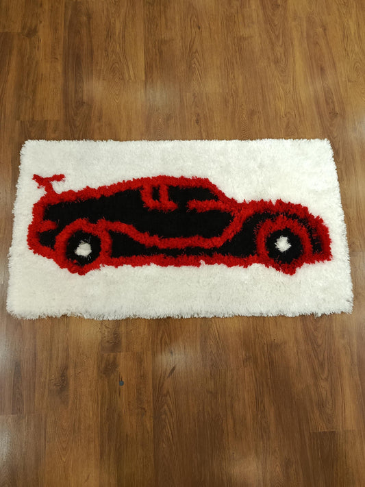 Tufted Sports Car Rug: Red & Black Race Car Design - 30"x51"