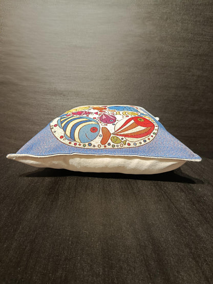 Gobelin Cat Pillow Cover: Whimsical Fish Design, Handmade in Türkiye