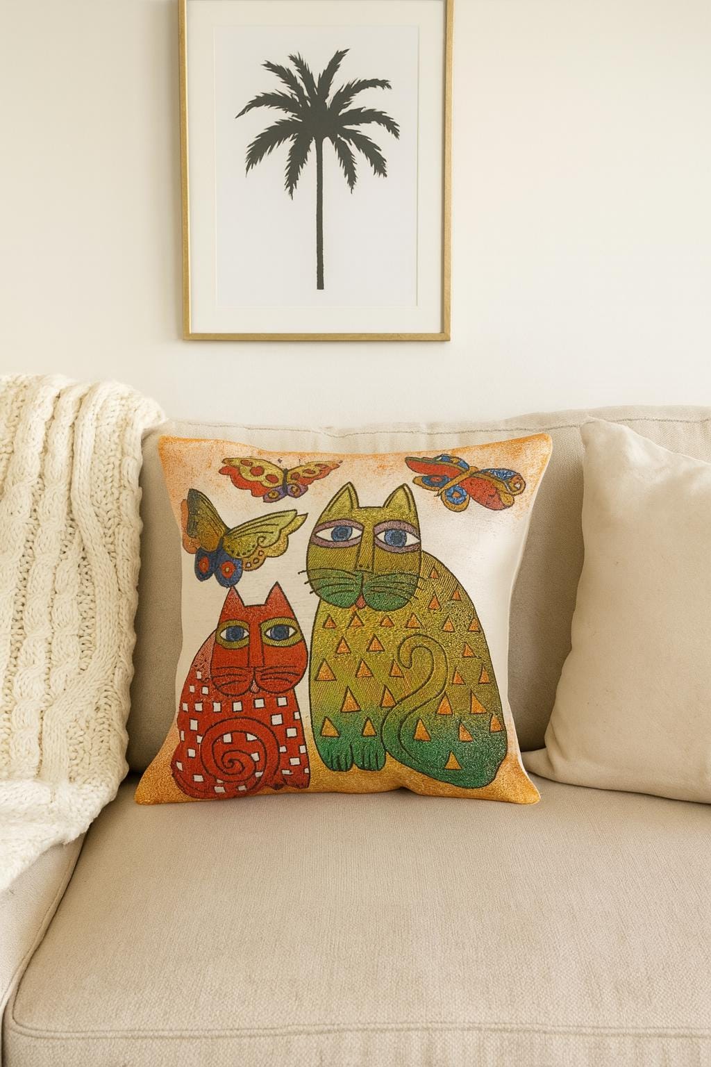 Butterfly & Cat Tapestry Cushion Cover: Whimsical Abstract Pillow