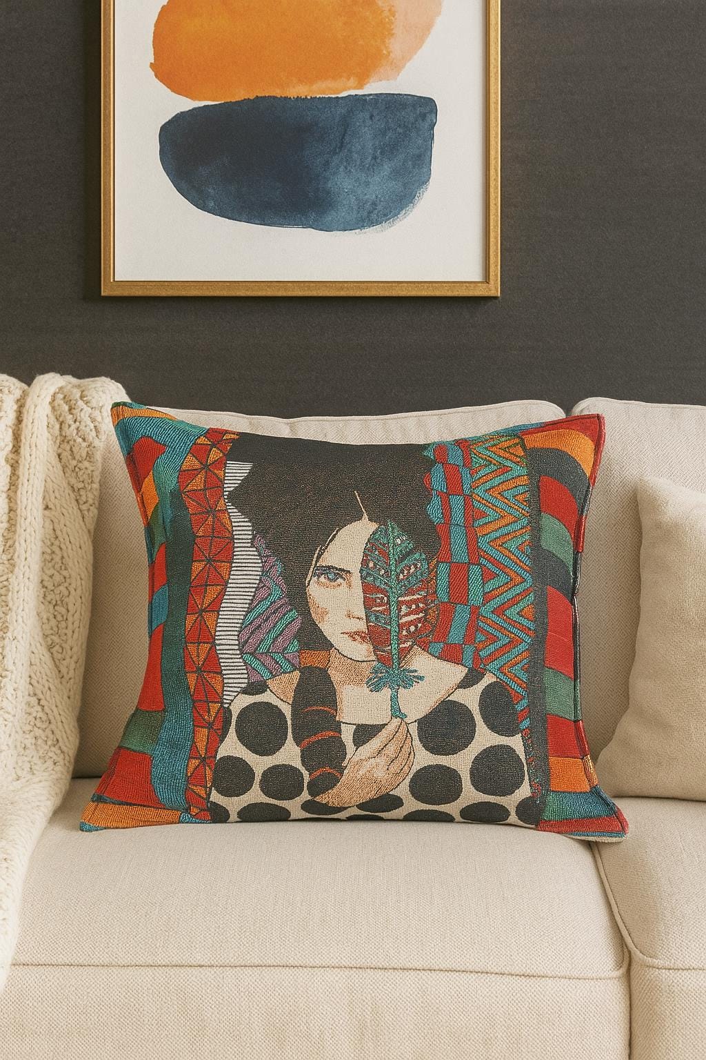 Tribal Art Tapestry Cushion Cover: Boho Woman Portrait Pillow