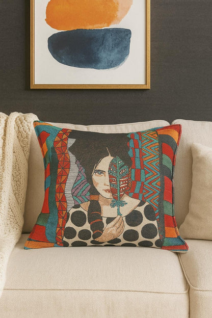 Tribal Art Tapestry Cushion Cover: Boho Woman Portrait Pillow