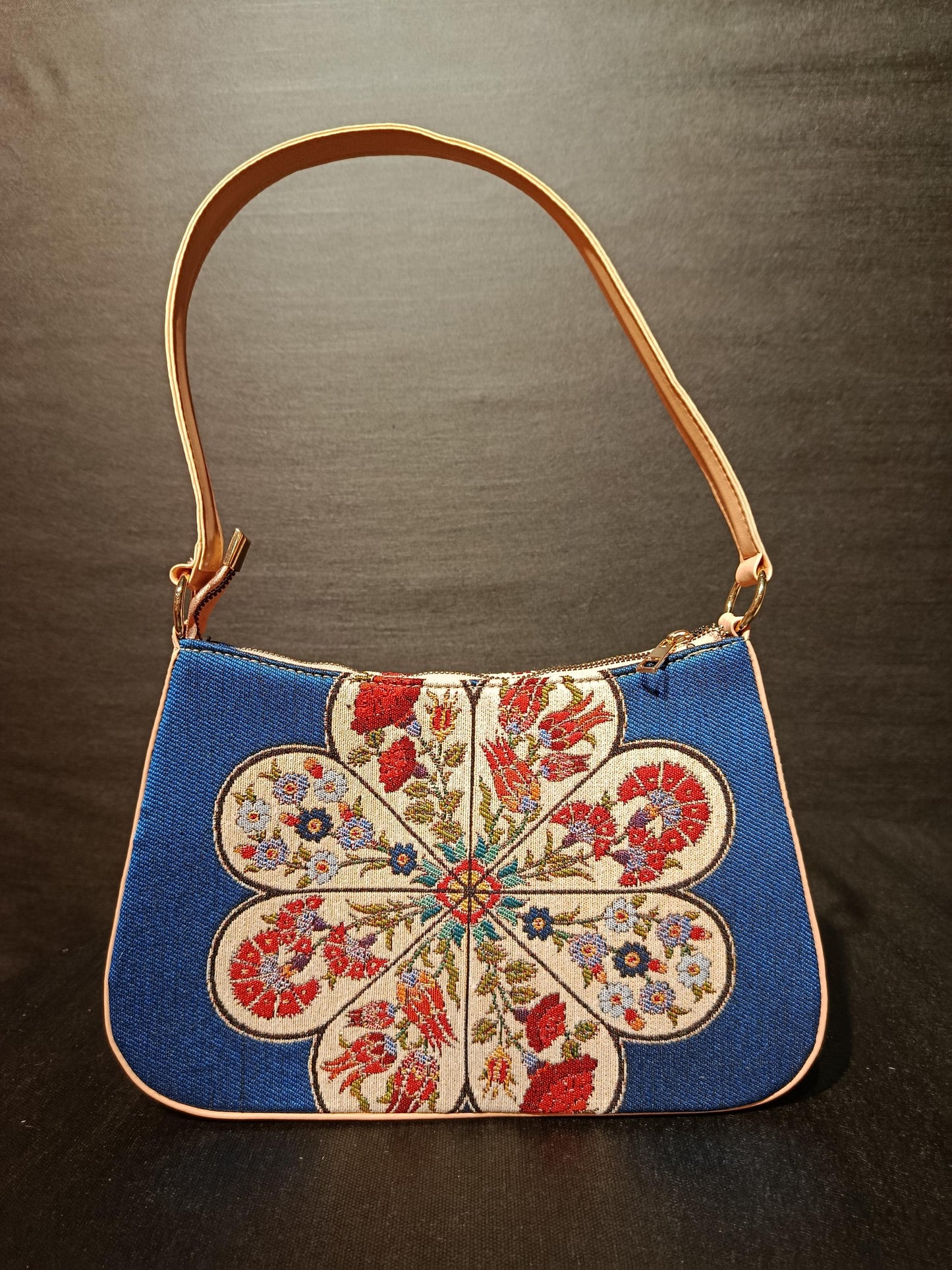 Blue Gobelin Floral Shoulder Bag: Turkish Embroidered Tapestry Purse