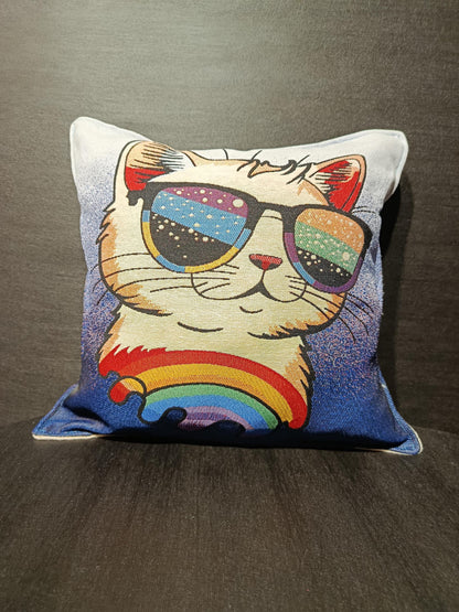 Rainbow Cat Tapestry Cushion Cover: Colorful Woven Pillow, Handmade in Türkiye