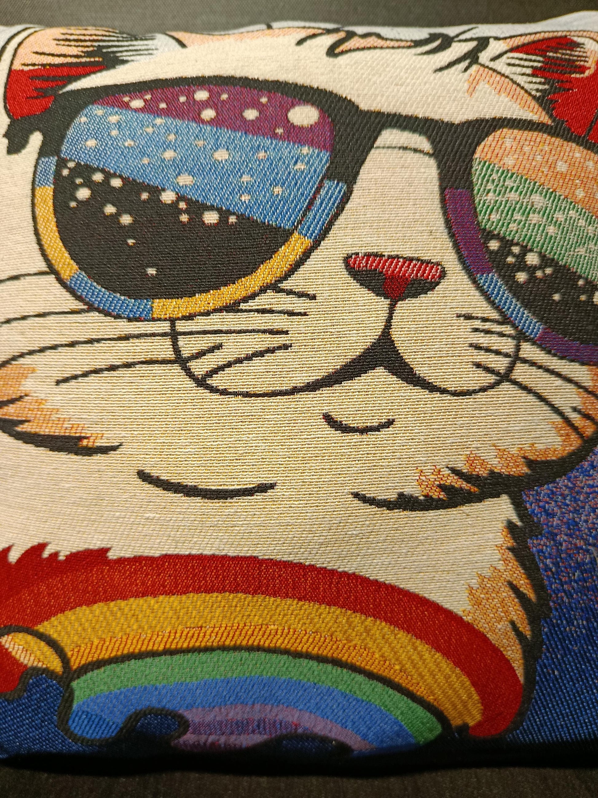 Rainbow Cat Tapestry Cushion Cover: Colorful Woven Pillow, Handmade in Türkiye