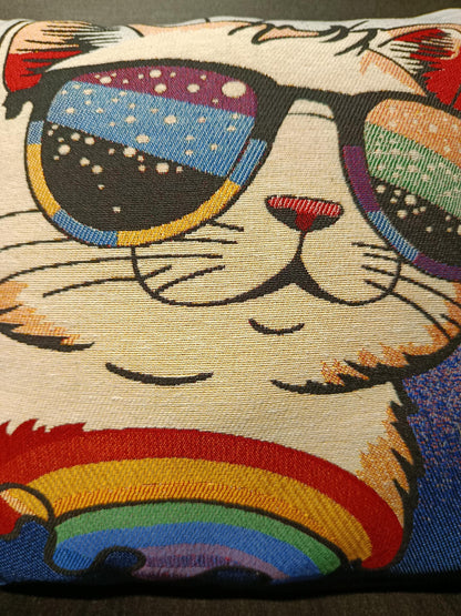 Rainbow Cat Tapestry Cushion Cover: Colorful Woven Pillow, Handmade in Türkiye