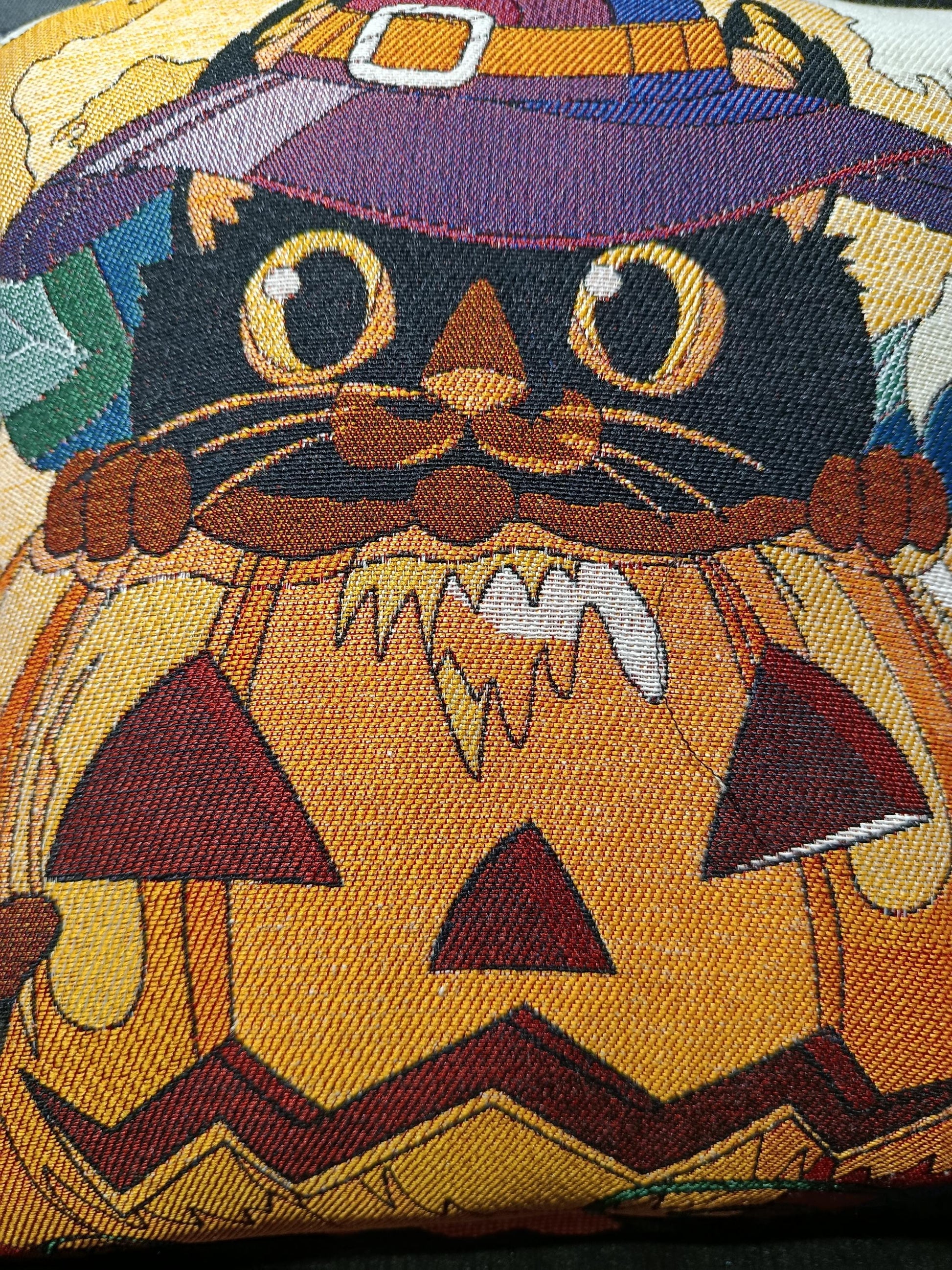 Halloween Cat Pillow Cover: Woven Gobelin Witch Hat & Pumpkin - 40x40 cm